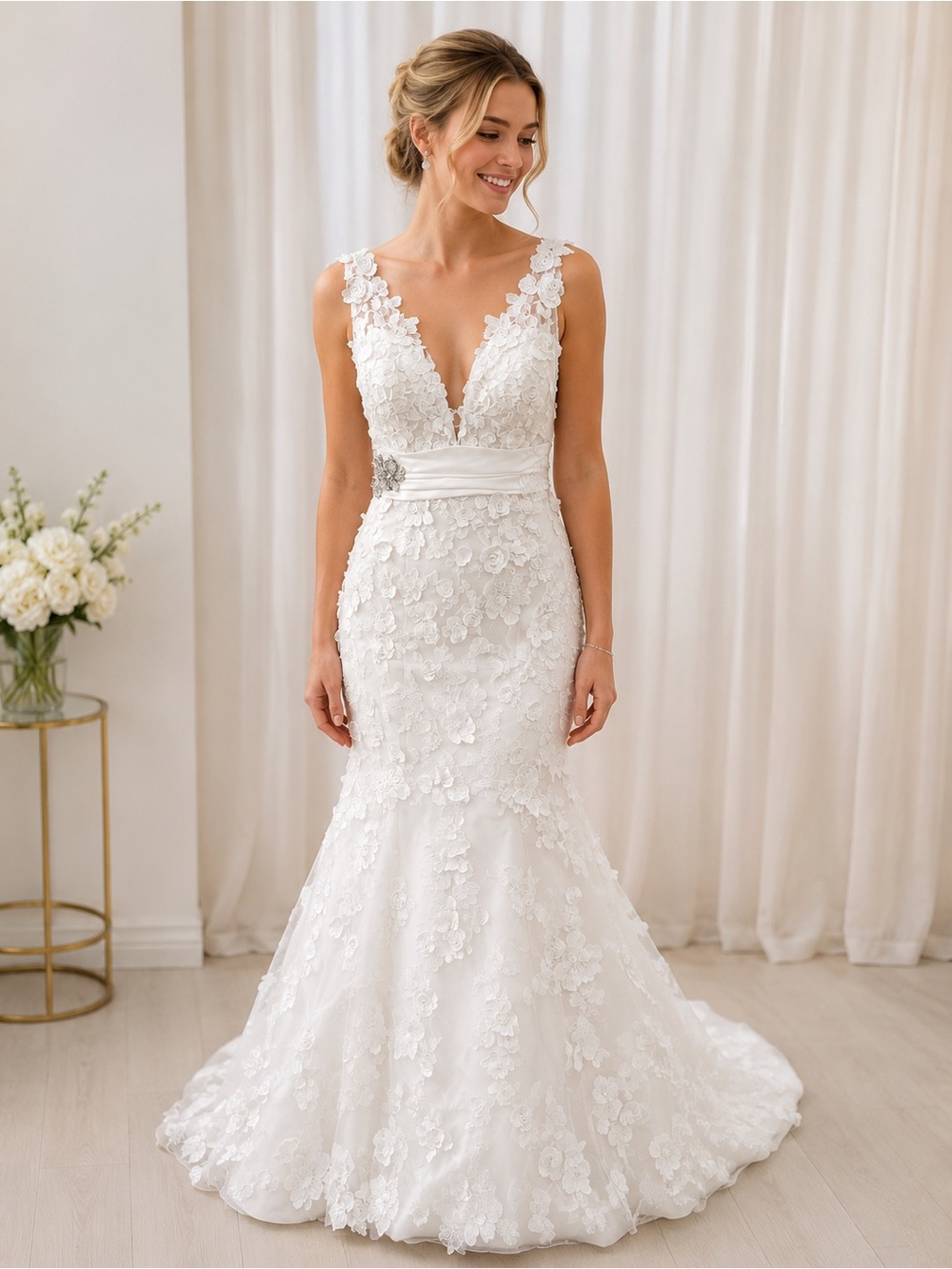 Vintage Allure Bridals White Lace V-Neck Mermaid Gown (E4)